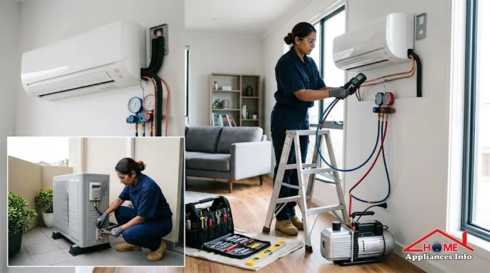 HVAC technician properly installing an inverter split air conditioner with copper lines