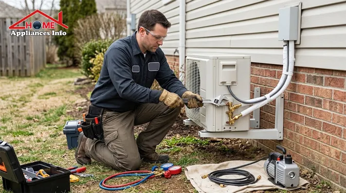 HVAC technician installing a ductless mini-split outdoor condenser and refrigerant lines