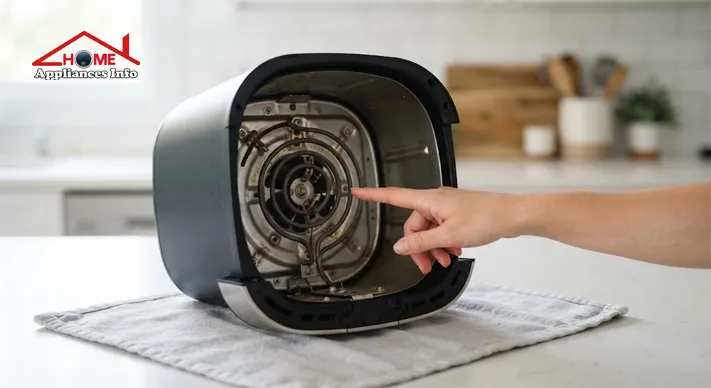 Air fryer placed carefully on a soft towel with the heating element visible for cleaning