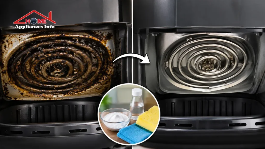 Before and after view of an air fryer heating element with baked-on grease and a clean heating coil