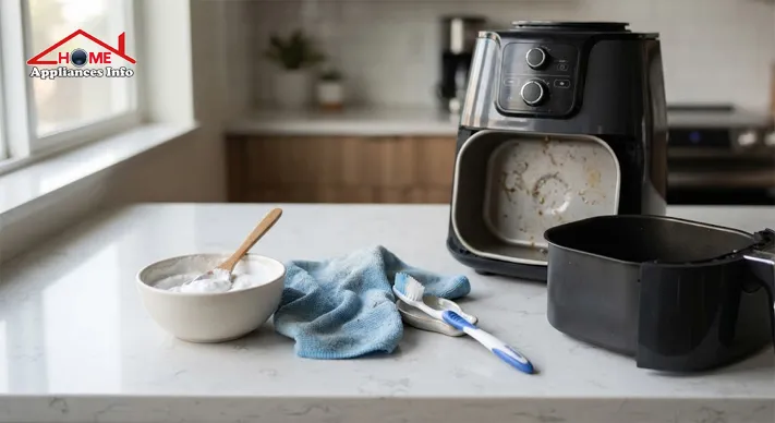 Baking soda paste and soft cleaning tools prepared for removing stubborn air fryer residue (How to Clean Air Fryer Heating Element)