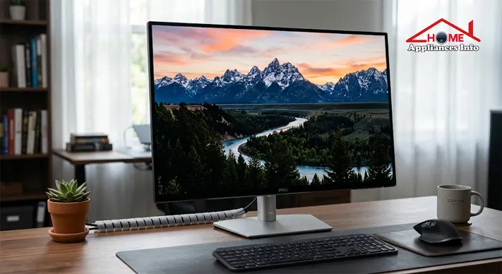27-inch 4K OLED monitor displaying a detailed image with deep blacks and vivid colors on a professional desk