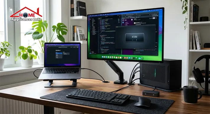 OLED monitor connected to a laptop and desktop in a clean dual-device workspace
