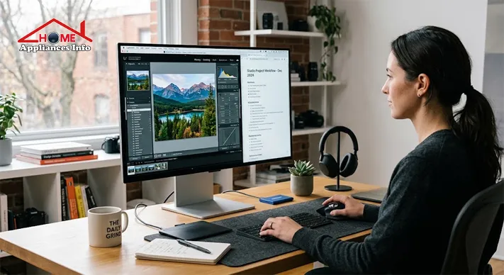 4K OLED monitor used for photo editing and document work at a professional desk