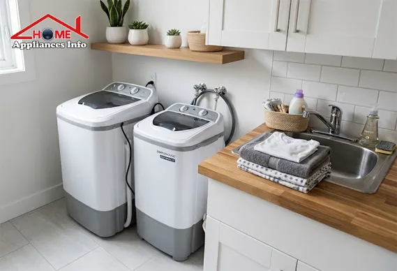 Compact portable washing machine positioned in a small apartment laundry area