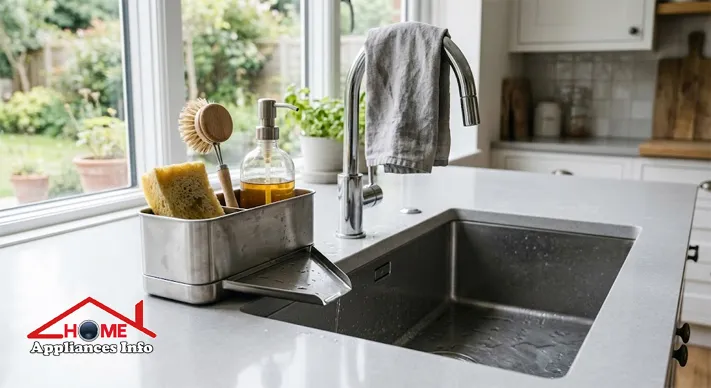 Stainless-steel countertop sink caddy holding a sponge, brush and soap beside a kitchen sink
