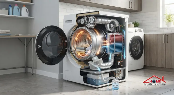 Cutaway view showing how air and moisture circulate inside a ventless clothes dryer