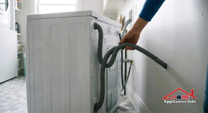 A hand straightening a kinked gray drain hose behind a front-load washing machine