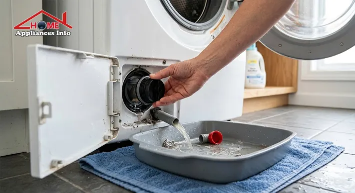 Open drain filter access panel on a front-load washer with a shallow pan and towel catching water