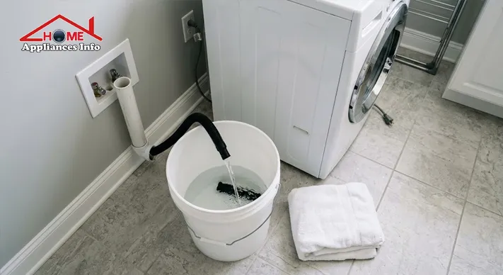 Washer drain hose disconnected from a standpipe and draining into a white bucket for a drainage test
