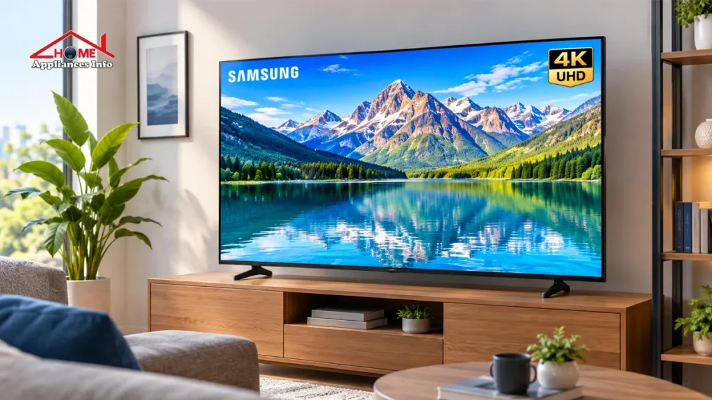 Samsung 4K Smart TV displaying a vivid mountain landscape in a modern living room.