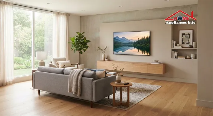 Living room with a 55-inch wall-mounted TV facing a grey sofa, showing the viewing distance between seating and screen