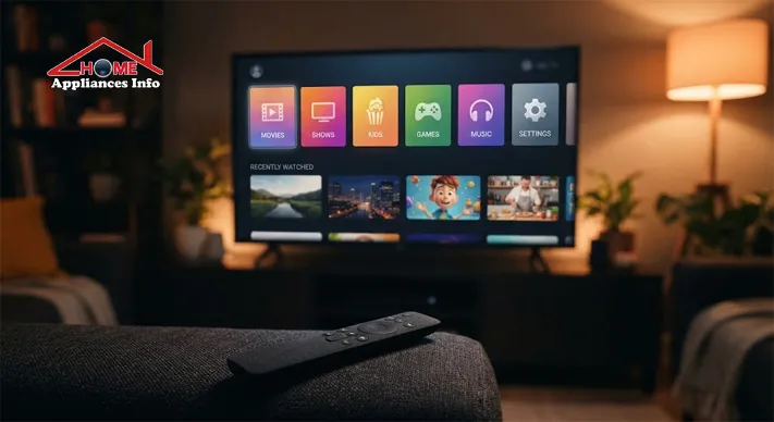 Smart TV home screen showing a row of app tiles with a remote control on a sofa arm in the foreground