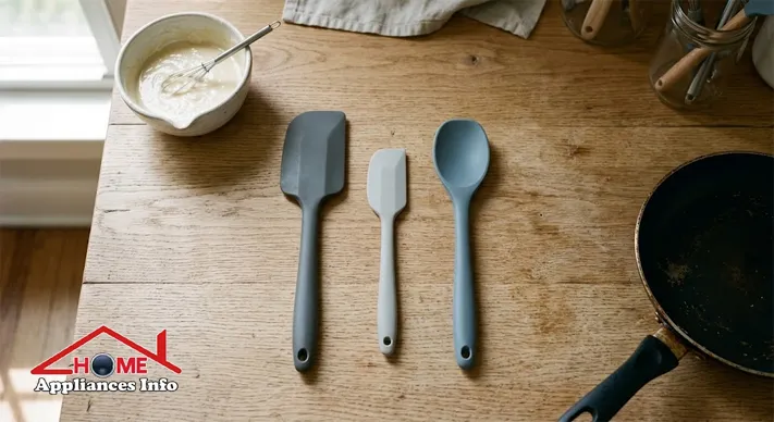 Three silicone spatulas of different sizes and shapes lined up on a wooden kitchen counter next to a bowl of batter and a nonstick pan