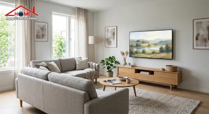 Living room with a wall-mounted 55-inch television facing a sofa, showing the distance between seating and screen