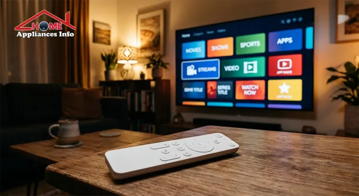 Smart TV home screen with a grid of app tiles and a simple remote control on a coffee table