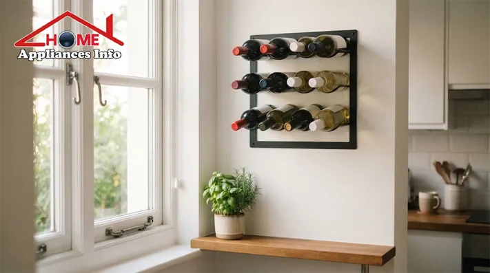 Black metal eight-bottle wine rack mounted on a white kitchen wall above a narrow counter
