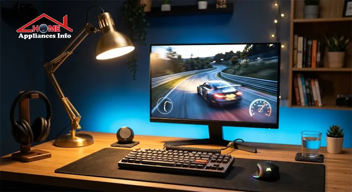 A 24-inch gaming monitor displaying a racing game on a desk with a keyboard, mouse and soft ambient lighting