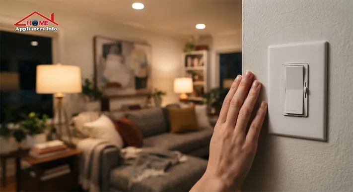White paddle-style wall dimmer switch beside a living room lit by softly dimmed warm LED lights