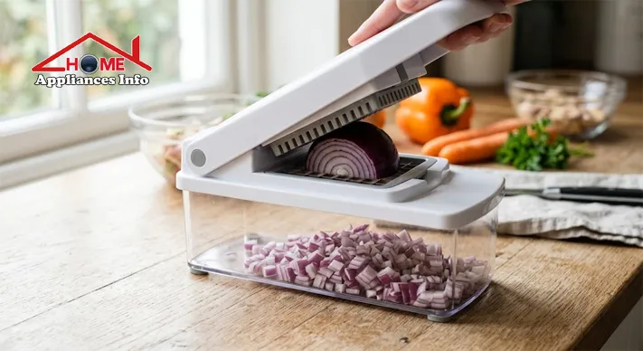 Press-style vegetable chopper with grid blades dicing a red onion into even cubes inside a clear collection container