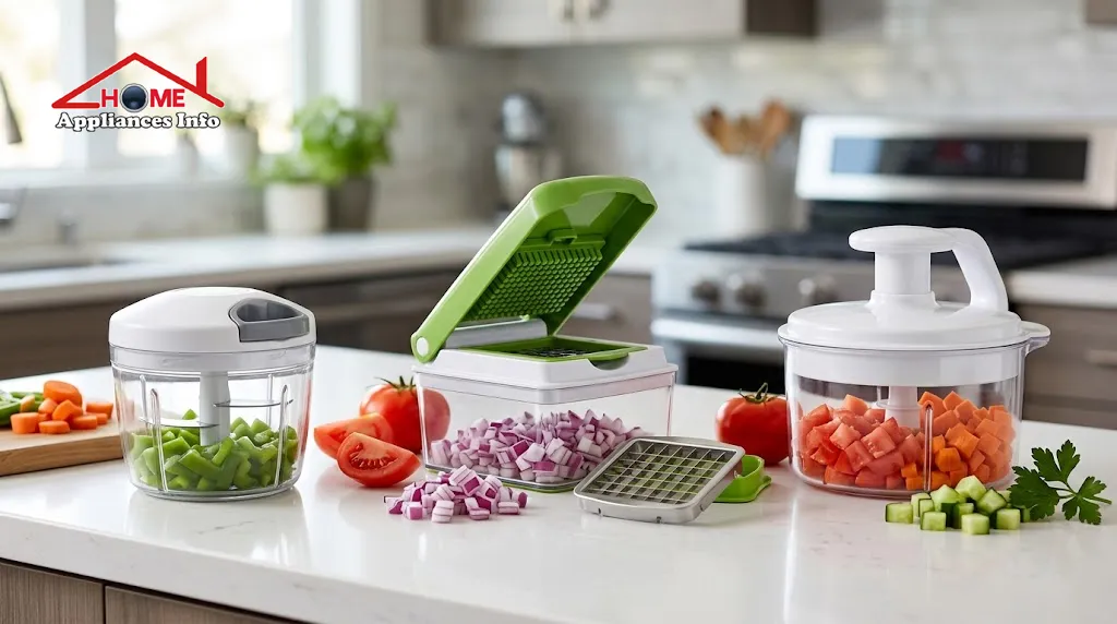 7 Best Vegetable Choppers of 2026: Tested & Reviewed (OXO, Mueller, Fullstar) Three vegetable choppers with stainless-steel blades and freshly chopped vegetables on a kitchen countertop.