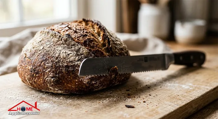 Close-up of a serrated bread knife blade touching the dark crust of a sourdough loaf on a wooden board