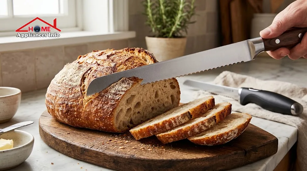 Best Bread Knife Guide: Top Manual & Electric Slicers for Sourdough Long serrated bread knife slicing a crusty sourdough loaf on a wooden cutting board.