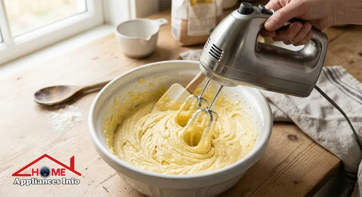 Silver hand mixer with rubber-edged scraper beaters blending yellow cake batter in a white bowl on a wooden countertop