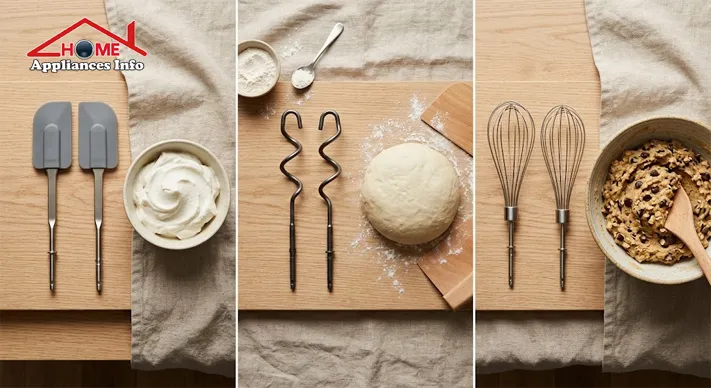 Scraper beaters, dough hooks and balloon whisks arranged beside bowls of cookie batter, soft dough and whipped cream