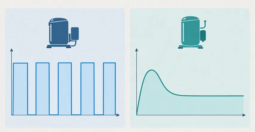 Two side-by-side line graphs comparing a fixed-speed compressor that switches between full power and off with an inverter compressor that settles into a steady low output