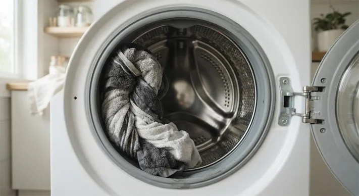 Wet bath towels bunched together on one side of a washing machine drum, leaving the other side nearly empty