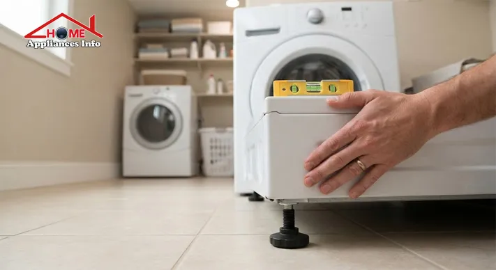 Hand pressing on the corner of a washing machine with a spirit level on top to check whether it rocks
