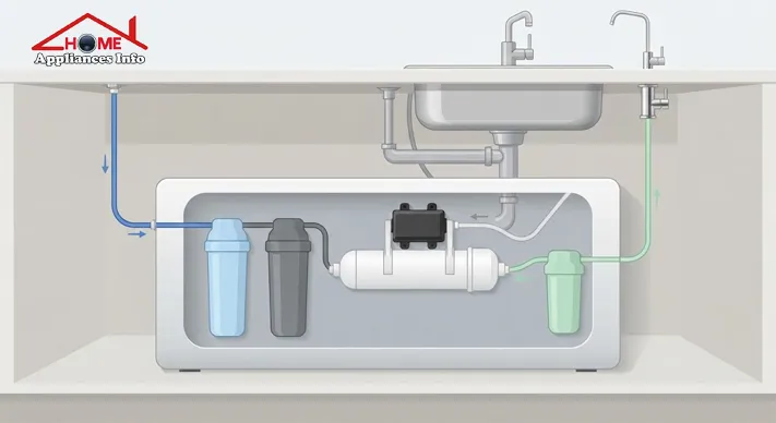Water passes through prefilters and a membrane; the treated stream goes to the faucet while the concentrate goes to the drain.