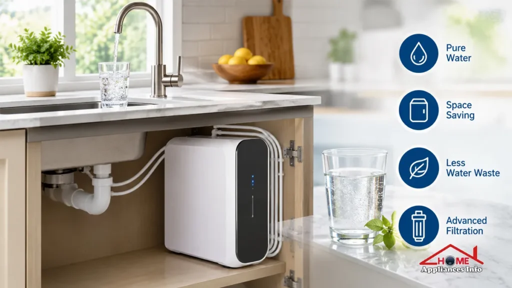 Tankless RO Water Filter System: 7 Things to Know Before Buying Tankless RO water filter system installed under a modern kitchen sink with filtered water flowing from the faucet.
