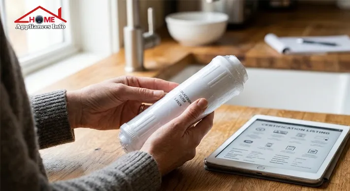Hands holding a replacement filter cartridge beside a tablet showing a certification listing, illustrating checking a model’s official certification before buying
